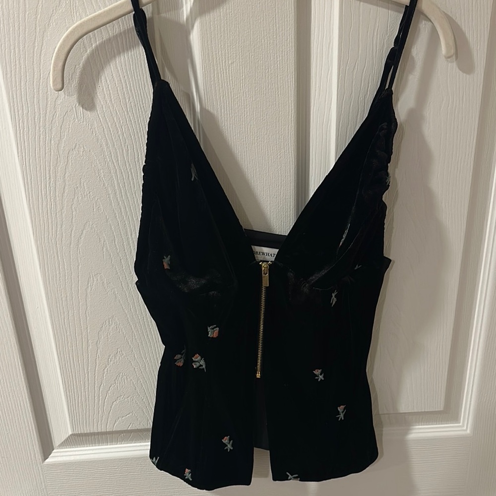 Black Velvet Sleeveless Top with Floral Embroidery